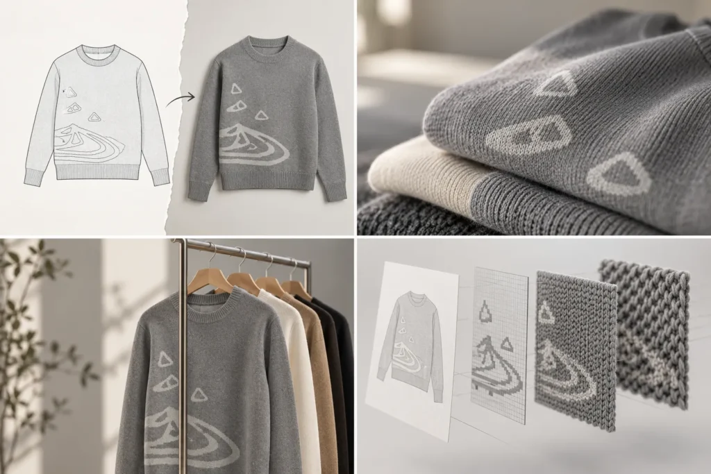 Sweater sample vs design drawing visual showing knitwear development from concept sketch and stitch structure to finished knitted garment