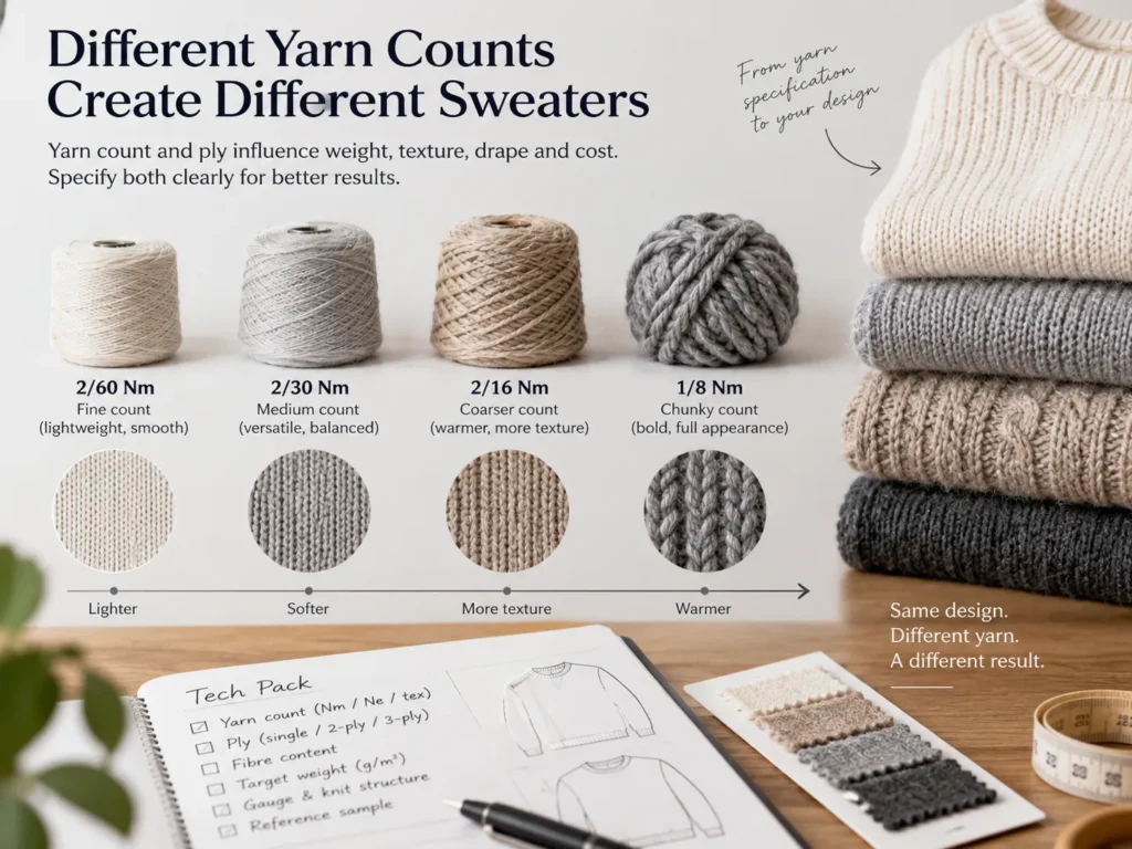 Yarn count for sweaters comparison showing different yarn counts, knit textures, yarn ply and sweater fabric results