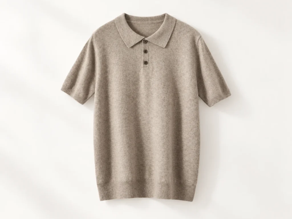 Khaki short-sleeve knitted polo shirt for custom knitted polo manufacturing