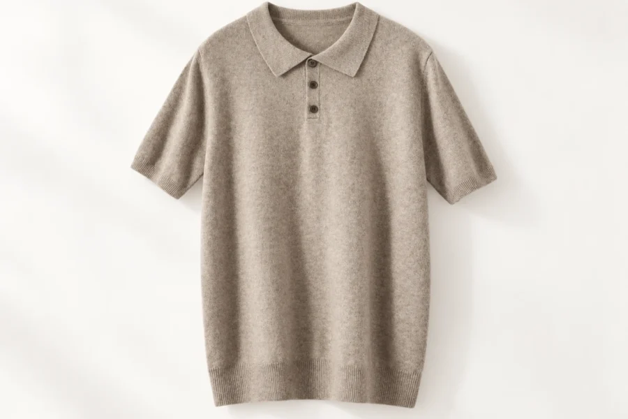 Khaki short-sleeve knitted polo shirt for custom knitted polo manufacturing