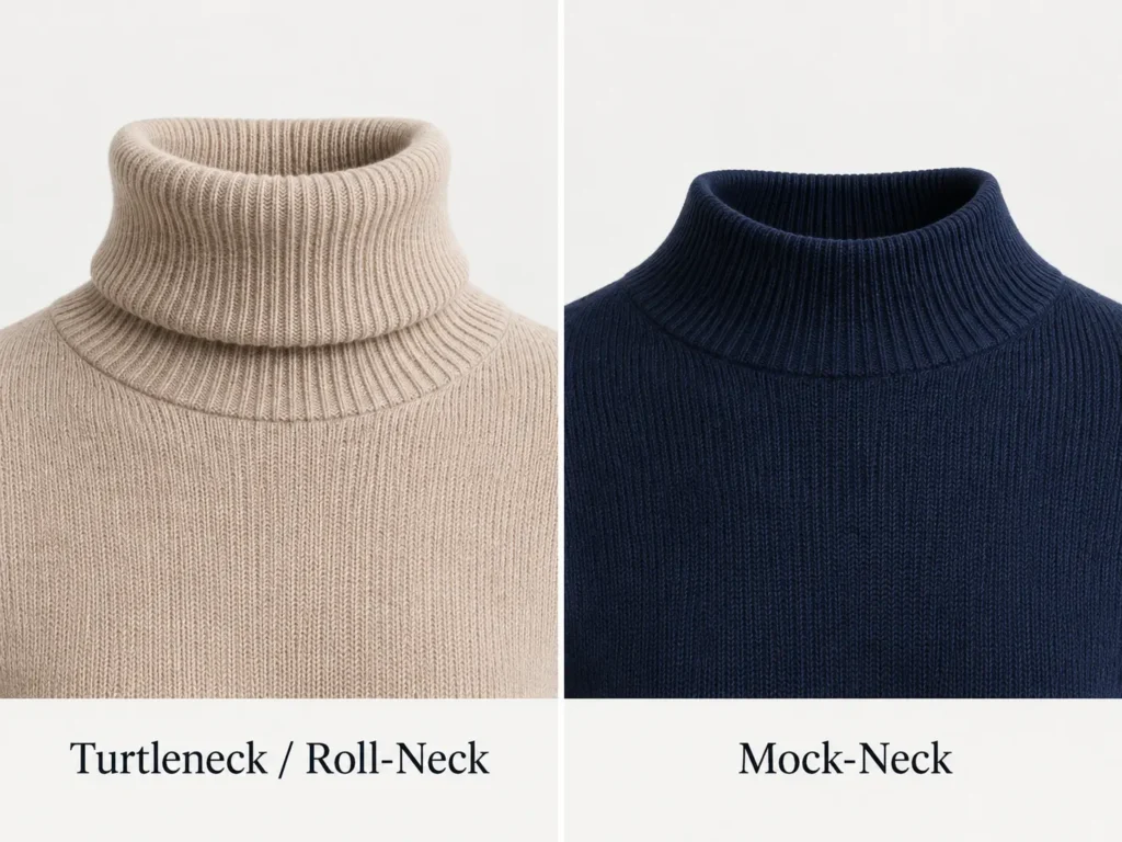 Custom sweater collar comparison showing turtleneck or roll-neck versus mock-neck styles