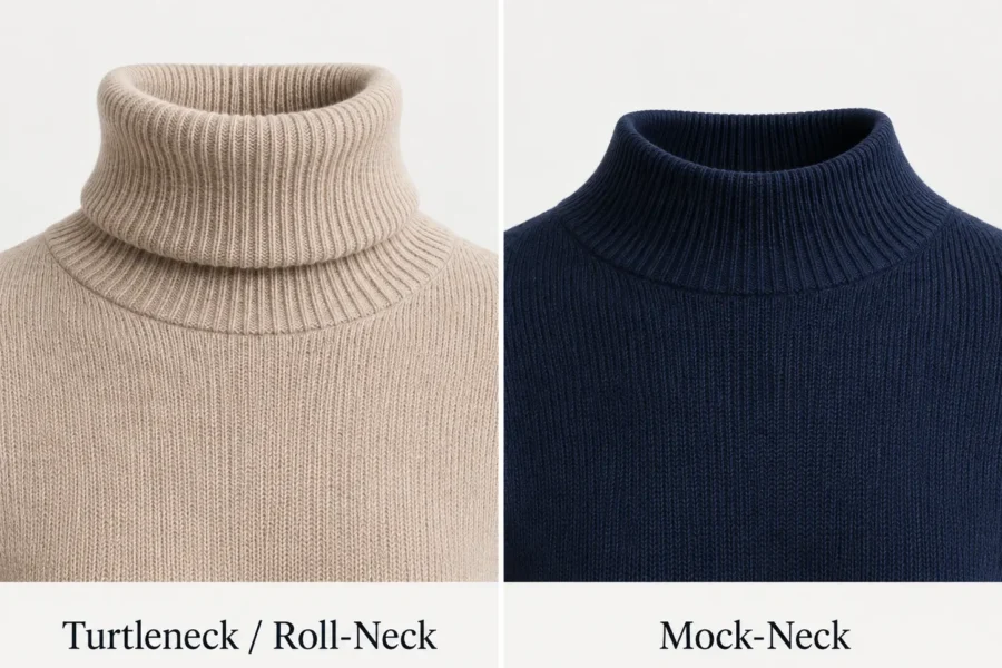 Custom sweater collar comparison showing turtleneck or roll-neck versus mock-neck styles