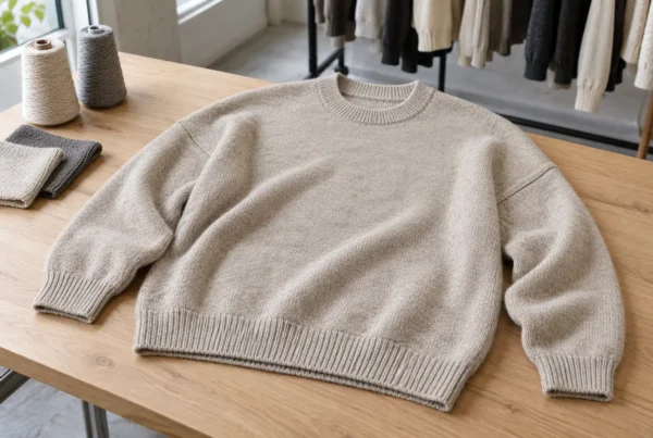 Oatmeal oversized drop-shoulder sweater laid flat on a wooden table beside yarn cones and knitted swatches.