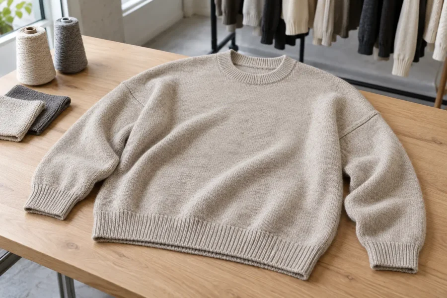 Oatmeal oversized drop-shoulder sweater laid flat on a wooden table beside yarn cones and knitted swatches.