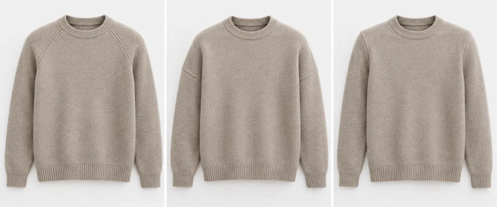 Raglan, drop shoulder and set-in sweater constructions shown side by side for shoulder and sleeve comparison