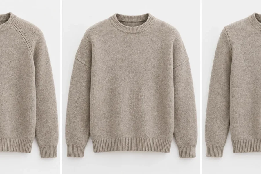 Raglan, drop shoulder and set-in sweater constructions shown side by side for shoulder and sleeve comparison
