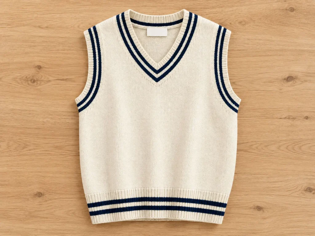 Cream and navy striped sweater vest laid flat on a table, showing the front view, ribbed neckline, armholes and hem.