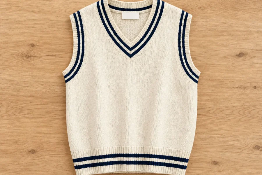 Cream and navy striped sweater vest laid flat on a table, showing the front view, ribbed neckline, armholes and hem.